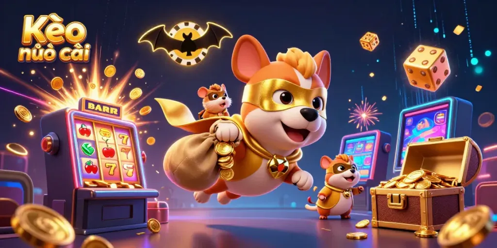 Kèo nhà cái illustration featuring a superhero dog and hamster flying with coins, surrounded by casino elements.
