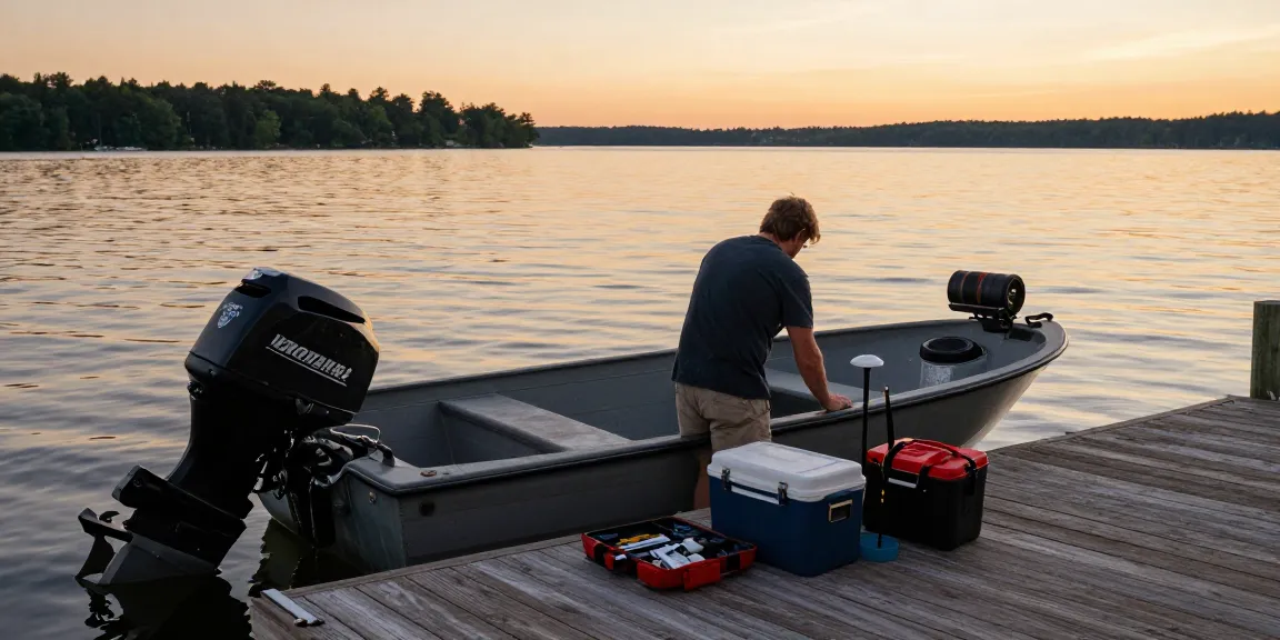 Outboard motor for small boat being inspected on a peaceful lake at sunset.