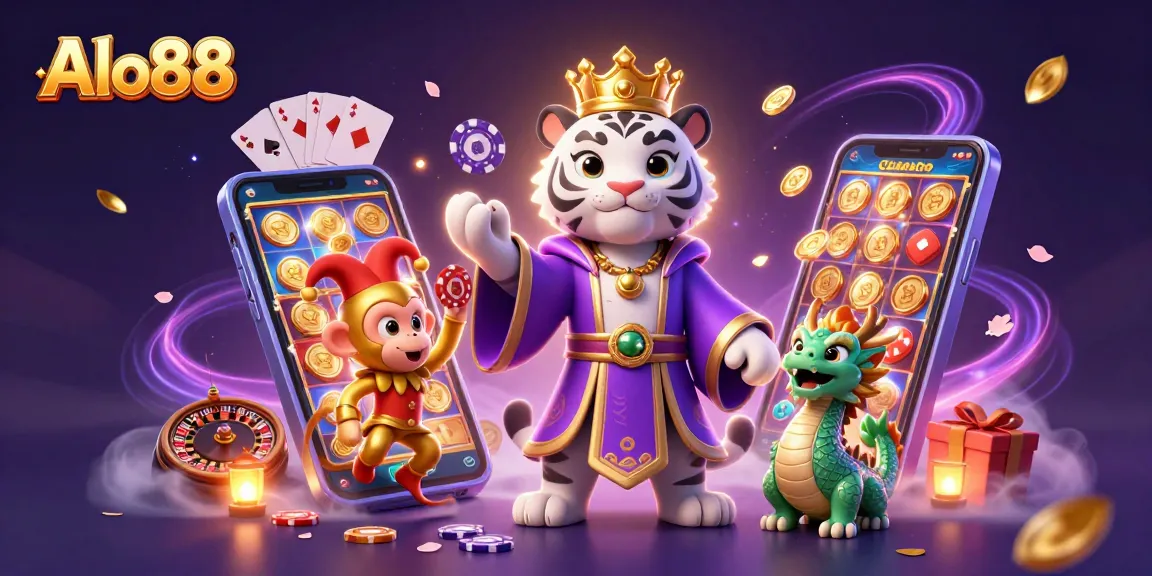 Alo88 delivers thrilling gameplay with a regal tiger, jester monkey, and dragon in an exciting casino scene.