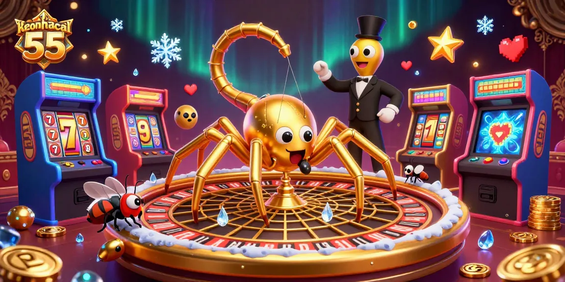 Engage with keonhacai 55 as the golden spider spins a roulette wheel web at a lively casino scene.