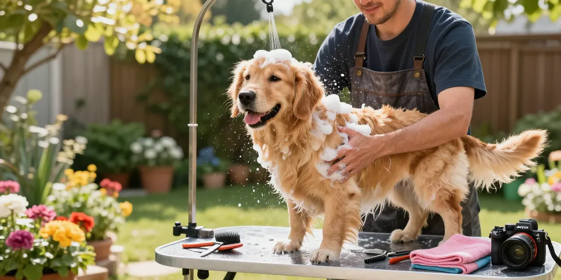 Dog grooming in a sunny garden with the groomer and golden retriever enjoying the experience at Fluffs Dog Grooming