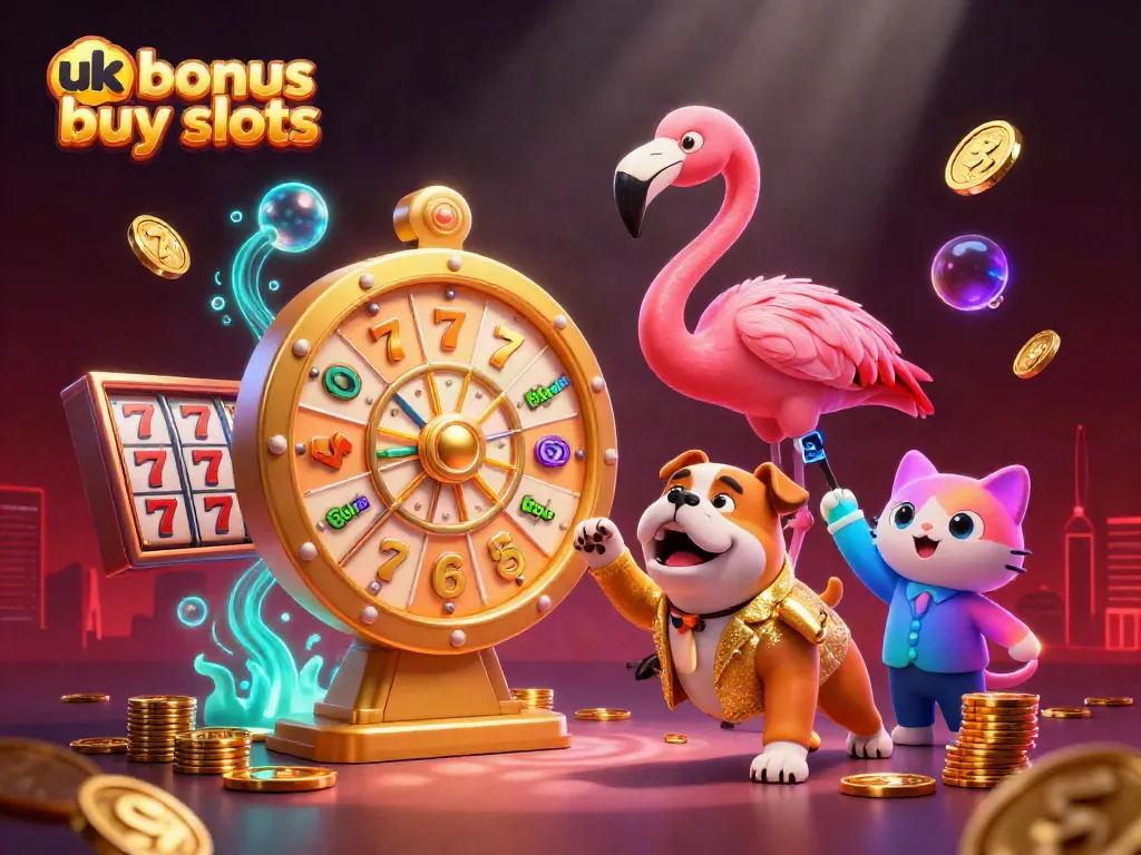 Experience the excitement of uk bonus buy slots with a game show host flamingo, bulldog contestant, and prize scoreboard