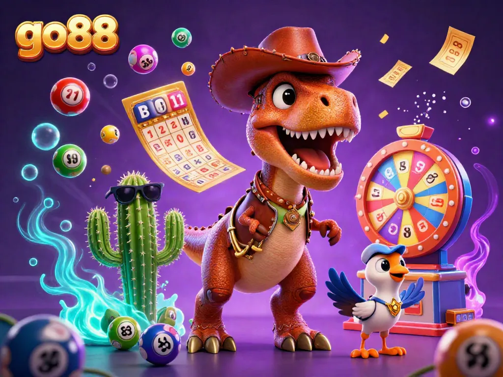 Engage with go88, the vibrant online casino scene featuring a cowboy dinosaur, and dynamic lottery elements.