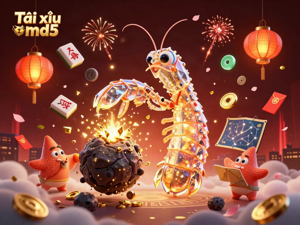 Experience the thrill of Tài xỉu md5 as the galactic mantis shrimp unveils golden treasures in a vibrant 3D casino scene.