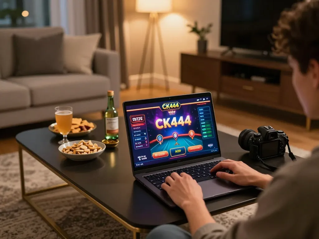 Player enjoying online casino gaming on CK444 while seated comfortably at home with snacks.