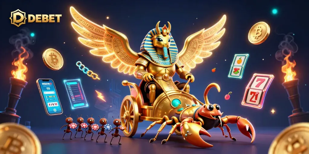 Experience thrilling gambling action with DEBET featuring a majestic scarab beetle and scorpions.