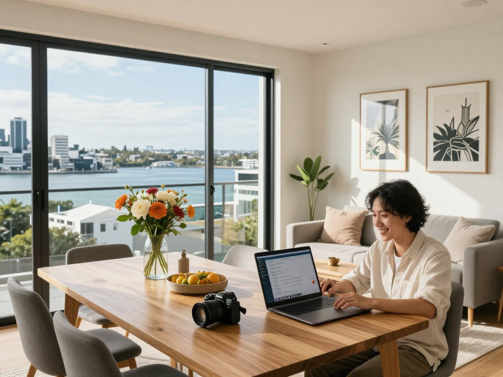 airbnb management auckland showcased in a stylish urban rental with a host reviewing bookings in a modern apartment.