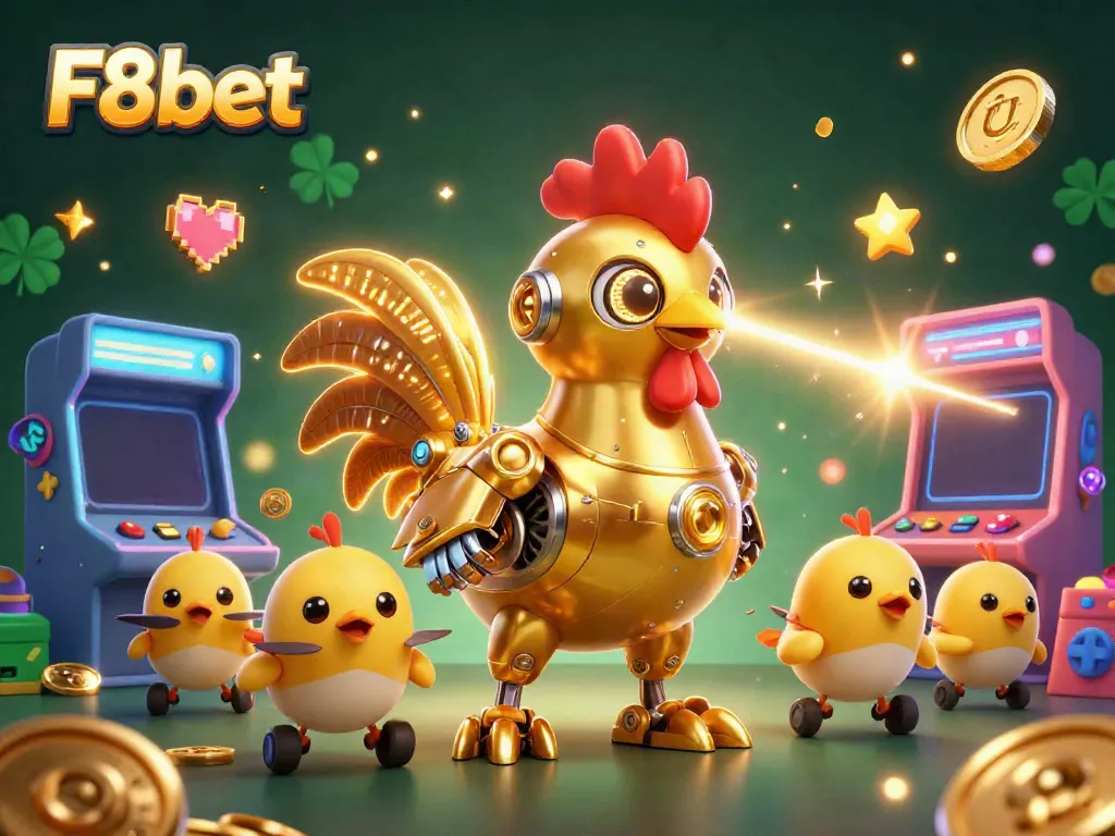 Experience the thrilling world of F8bet with a golden rooster robot and chick drones in a vibrant gaming scene.