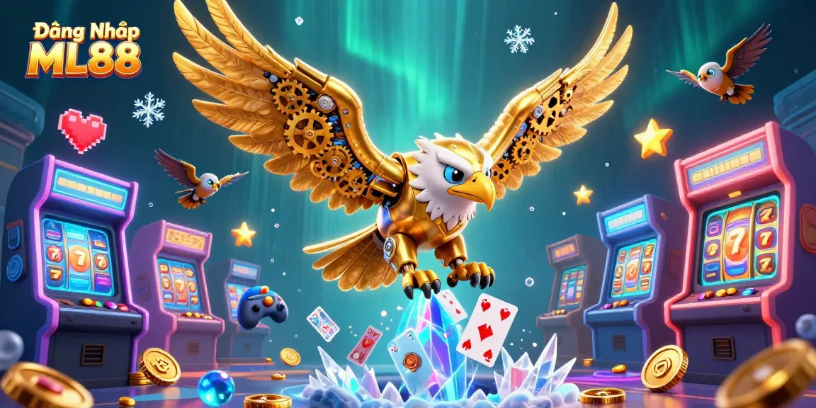 Play thrilling casino games with Đăng Nhập ML88, featuring a cybernetic eagle amid vibrant gaming visuals.