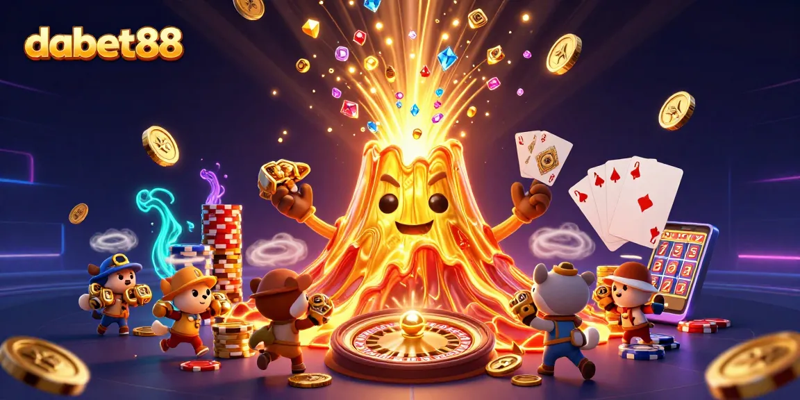 Experience the excitement at dabet88 with a victorious golden volcano amidst treasures and casino elements.