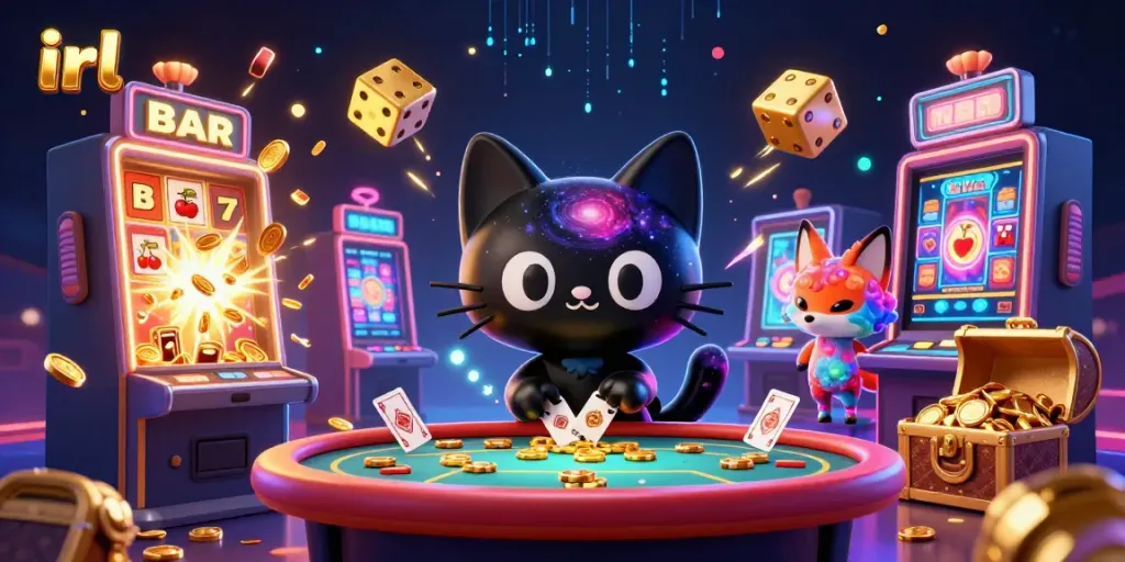 Engage in irl cosmic casino adventures with a black hole cat attracting chips and colorful gas cloud fox.