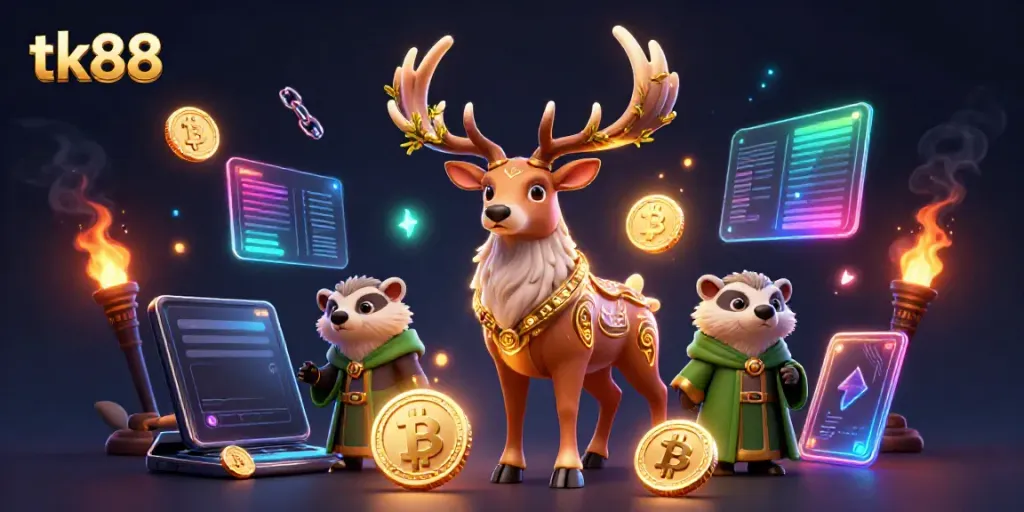 Engage with tk88 gameplay featuring a mystical druid stag and badger amidst crypto elements.