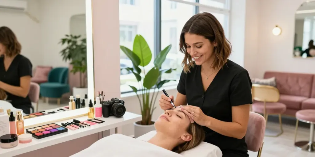 Beauty Salon Colchester with a beautician applying skincare treatments to a client, showcasing a vibrant and inviting atmosphere.