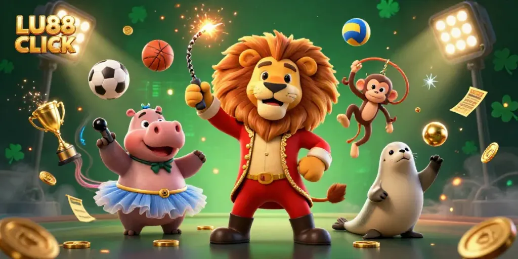 Experience thrilling games at LU88 CLICK with a vibrant illustration of lively casino characters and dynamic sports elements.