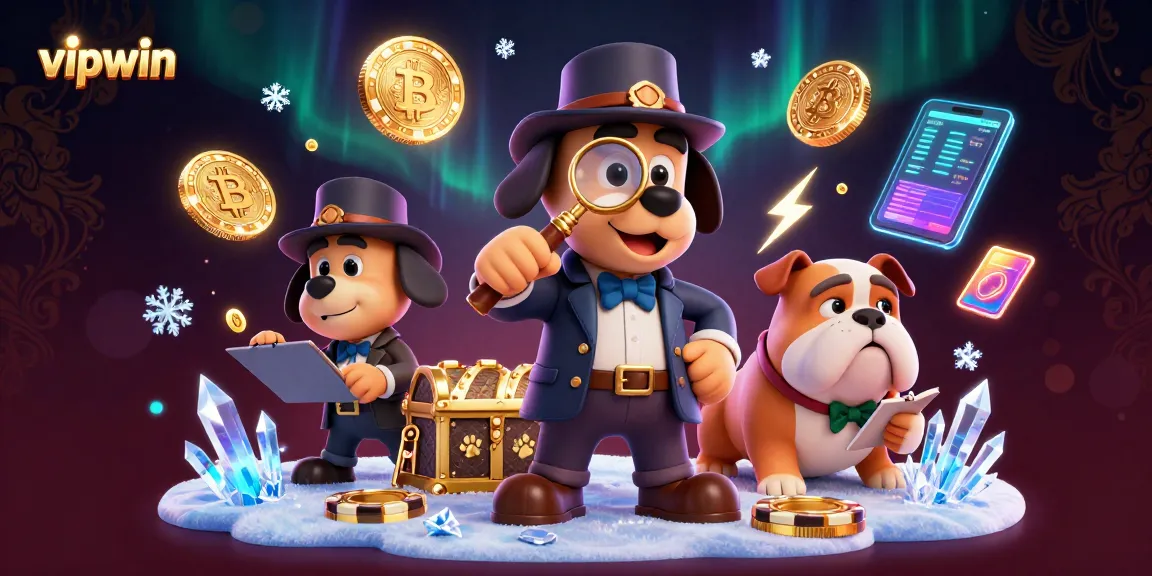 Join the adventure at vipwin with a detective uncovering poker chip treasures among vibrant crypto elements.