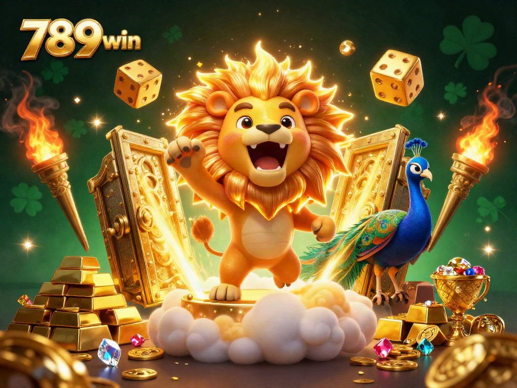 Join the excitement with 789win as the sun lion roars amidst treasures in a gleaming casino setting.