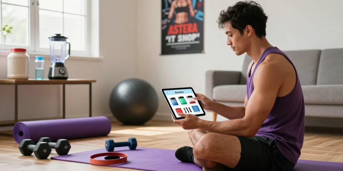 Exploring anabolic supplements at Astera Shop in a home gym setting with fitness gear.