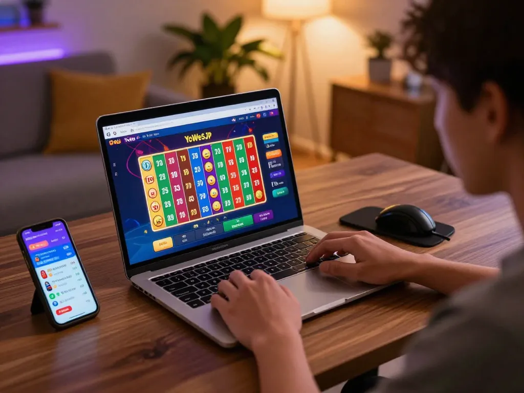 Person engaging with the yowesjp platform while planning strategic bets in an inviting home environment.