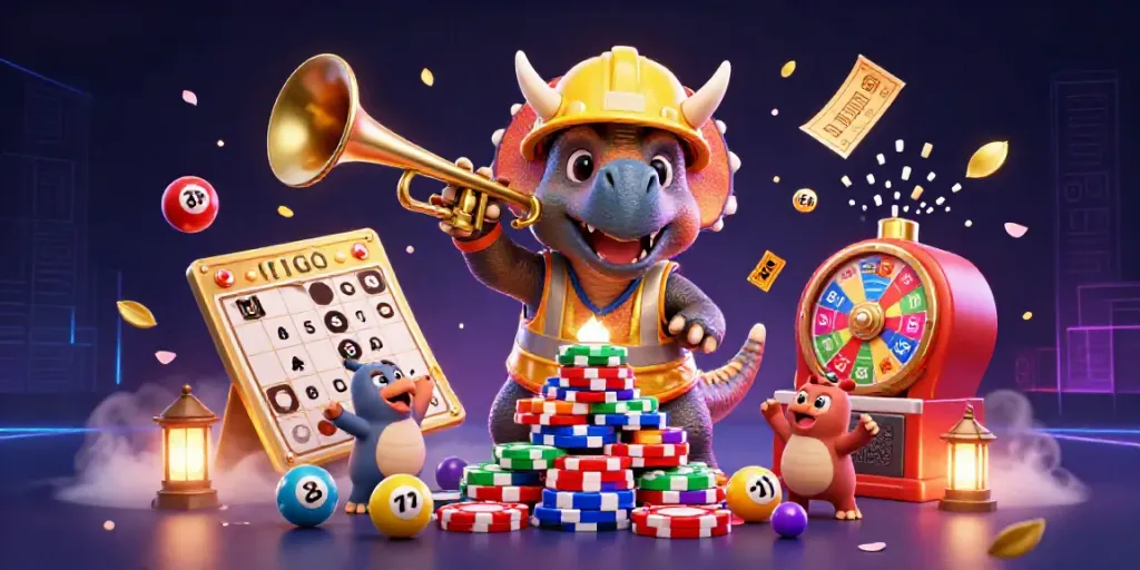 Experience the excitement of 789bet with a vibrant scene featuring a triceratops and lottery elements.