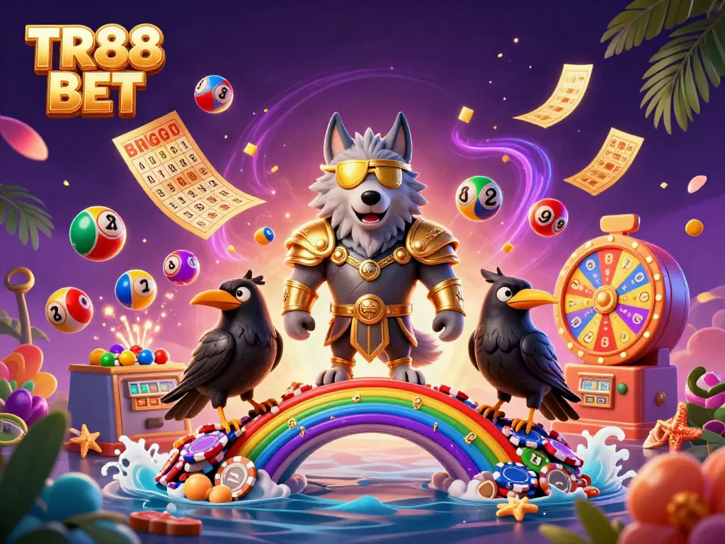 Engage with TR88 BET in an exciting 3D illustration showcasing Odin and his ravens amidst casino elements.