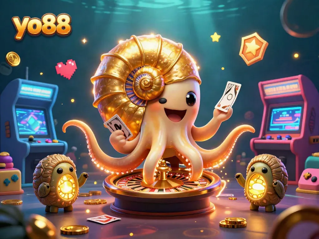 Experience excitement with yo88 as the giant nautilus masterfully spins the roulette wheel surrounded by glowing game elements.