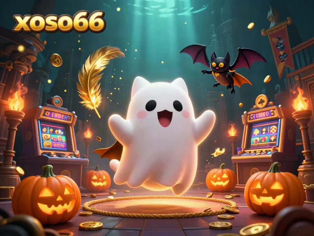 Xoso66's ghost cat and bat companion play in a haunted casino lush with glowing jackpots and tokens.