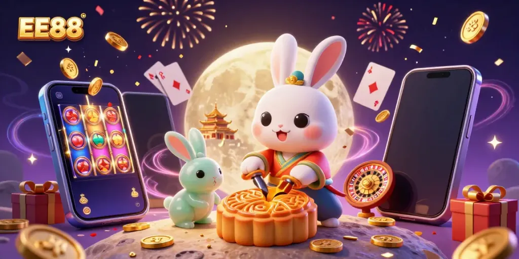 Experience the vibrant world of EE88 with a moon rabbit cracking mooncakes to unveil poker chips amidst a festive casino scene.