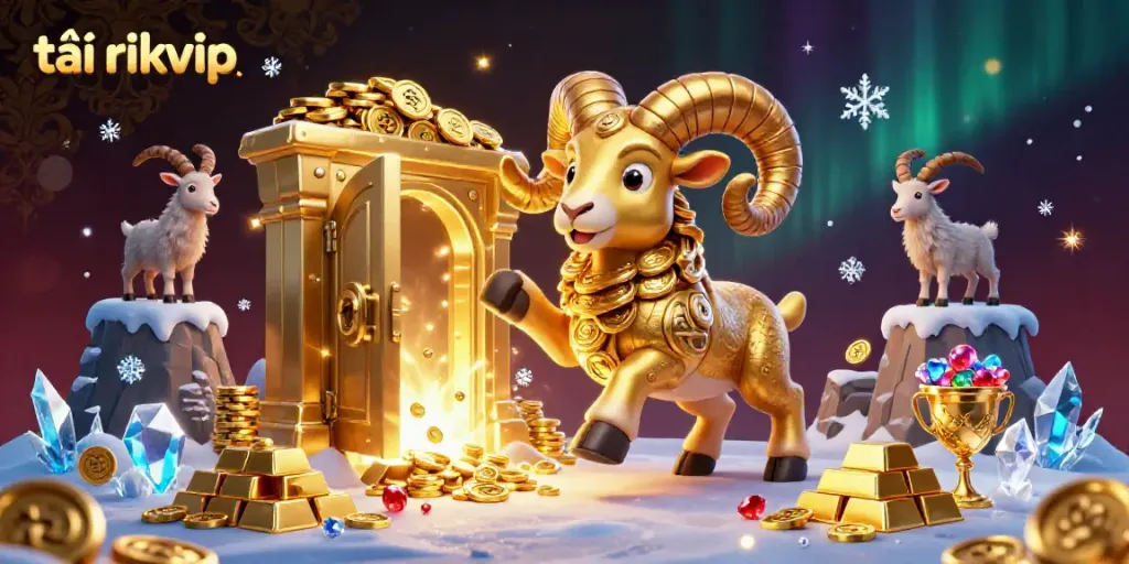 Tải rikvip through an ultra-detailed 3D illustration featuring a golden ram and treasures in a casino scene.