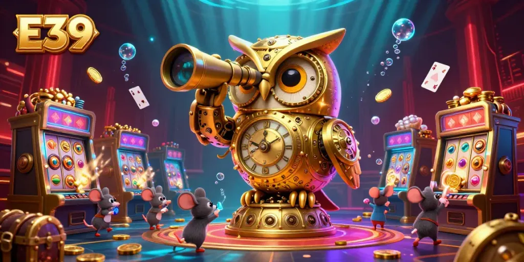 Engage in E39's vibrant casino scene with a whimsical owl observing as mice patrons play amid treasure and colorful slot machines.