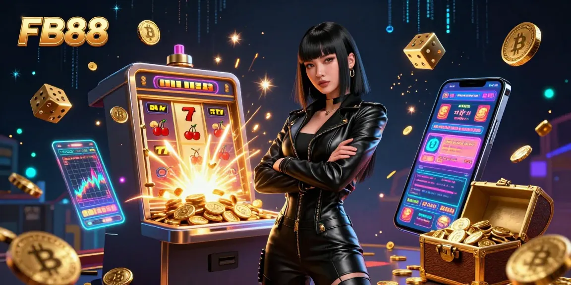 Experience the thrill at FB88 with a vibrant casino scene featuring a strong Asian woman amidst dynamic gaming elements.