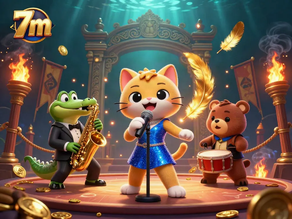 Engage with 7m live scores featuring cartoon characters performing in a dynamic casino environment.