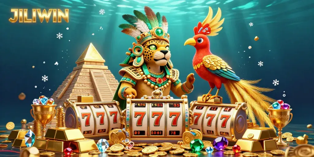 Experience JILIWIN excitement in this vibrant illustration featuring a Mayan priest and slot game elements.
