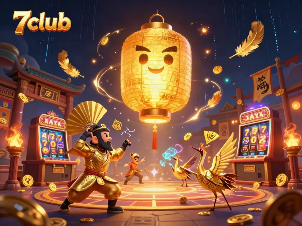 Experience the vibrant energy of 7club with a glowing golden lantern spirit at an online casino setting.