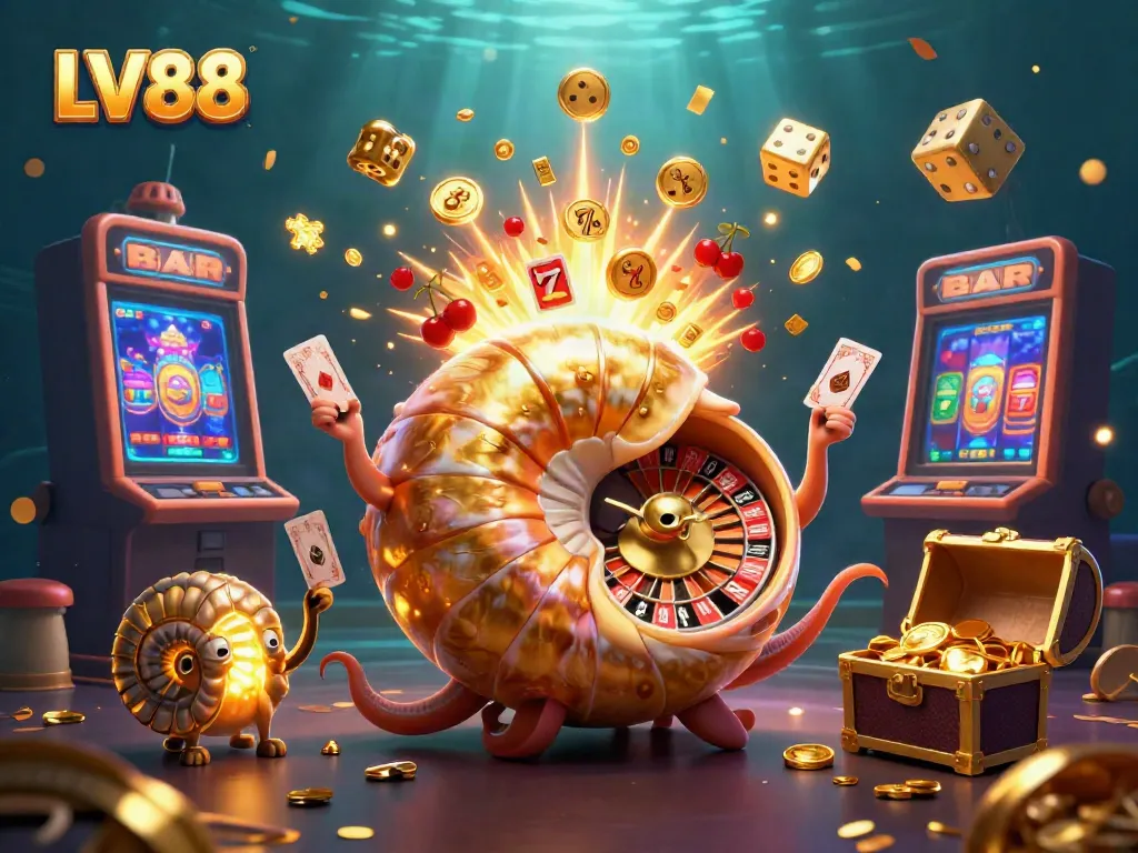 Experience excitement with LV88's vibrant 3D casino scene featuring a giant nautilus and glowing treasures.