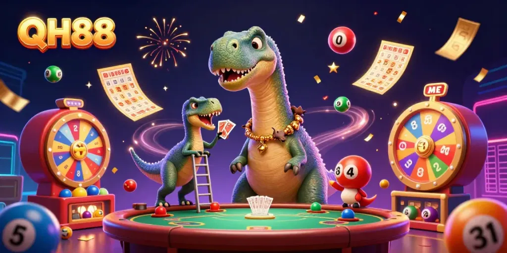 Engage with QH88's vibrant casino world featuring playful characters and dynamic gaming elements.