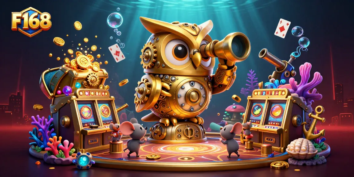 Experience the thrills of F168 with a clockwork owl overseeing a vibrant casino scene filled with treasure and excitement.