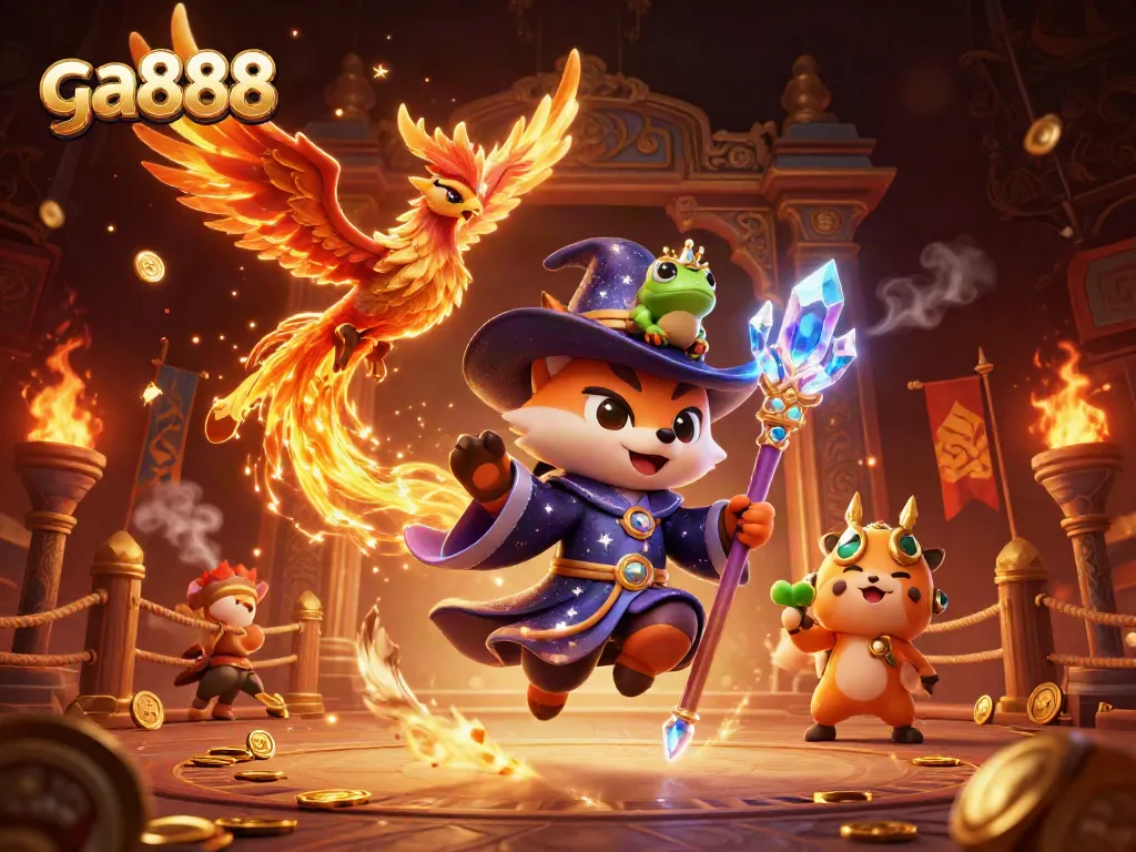 Engage with ga888's exciting gambling adventures in a vibrant 3D fantasy illustration.