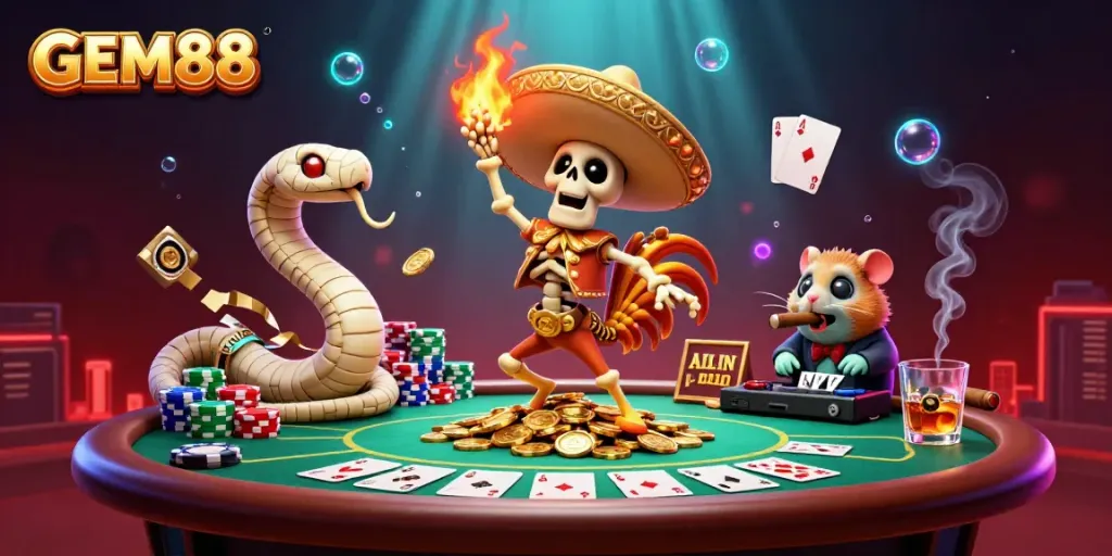 GEM88 brings excitement with a 3D cartoon mariachi rooster celebrating amidst golden coins and poker elements.