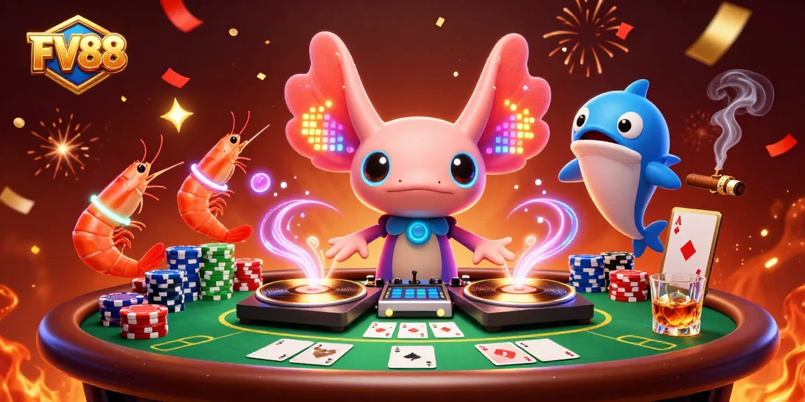 Engage with FV88's vibrant casino scene featuring an axolotl DJ and poker elements.