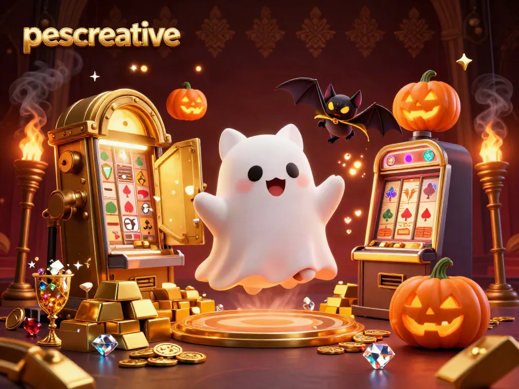 Experience thrilling gameplay at pescreative with a cartoon ghost cat and vampire bat in a haunted casino.