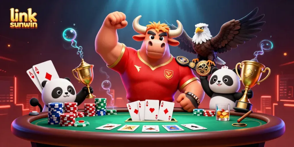Engage in thrilling gameplay with link sunwin, featuring a victorious bull mascot and colorful poker elements.