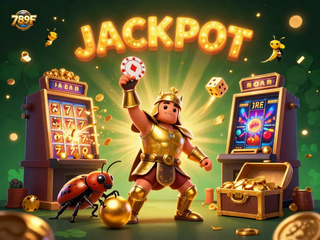 Engage with 789F's thrilling casino experience featuring a heroic beetle in golden armor celebrating a jackpot.