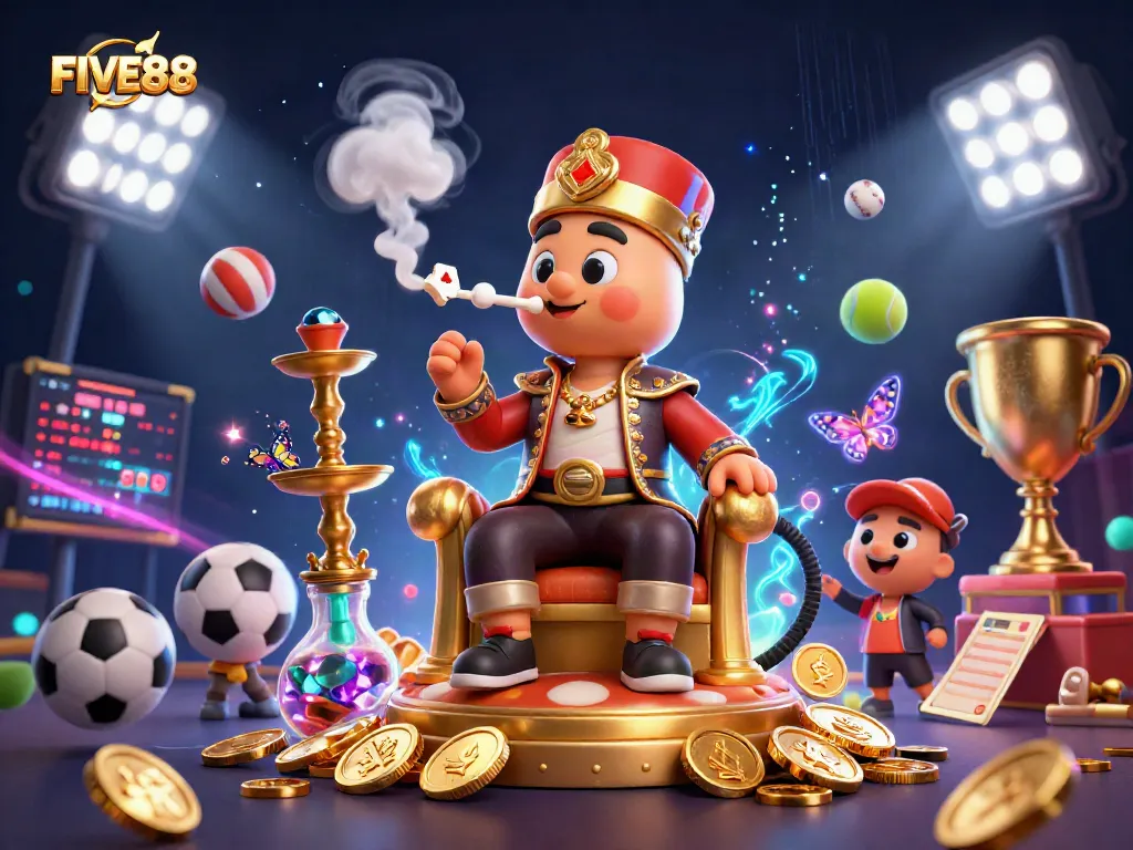Engage with FIVE88's vibrant casino atmosphere featuring dynamic gaming elements and colorful characters.