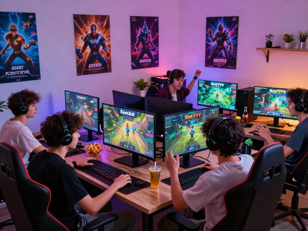 Engaging friends playing KOITOTO Slot88 and Slot777 games in a vibrant gaming setup.