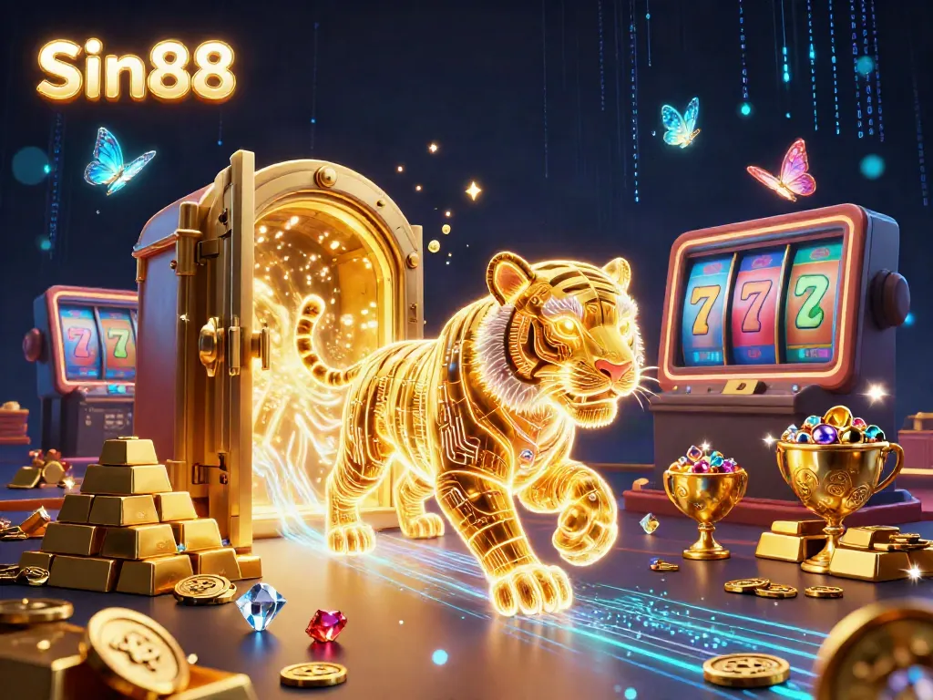 Experience the vibrant energy of Sin88's digital casino with a neon tiger, slot reels, and glimmering treasures.