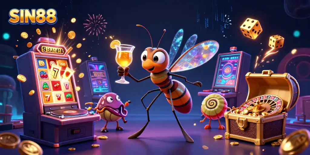 Experience thrilling gameplay at SIN88 with a cartoon mosquito mascot and unique casino elements.