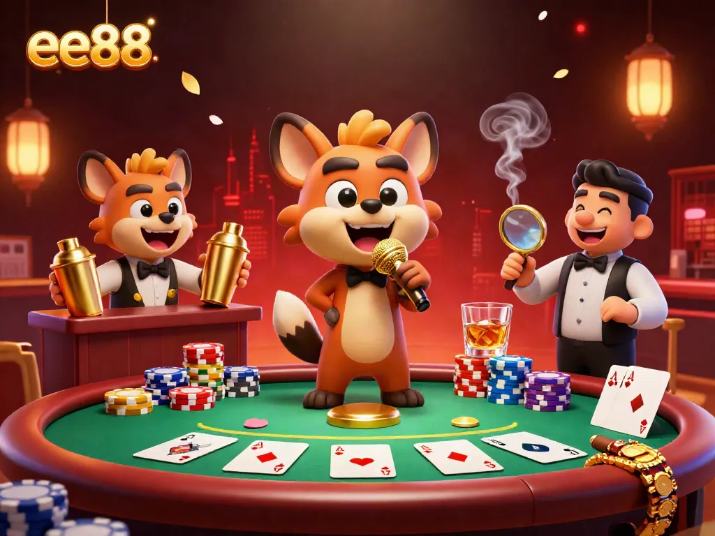 Hyenas entertain at a vibrant casino club scene showcasing ee88 brand elements and a lively atmosphere.