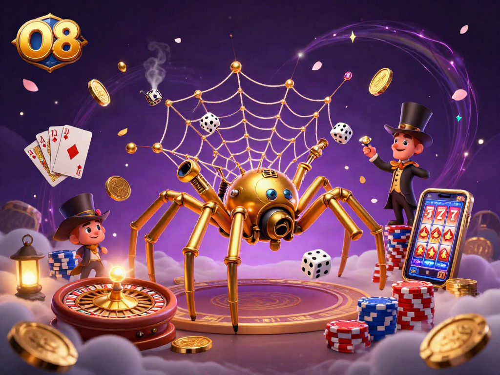 O8 captivates with a steampunk spider and Victorian fly in a bustling casino web.