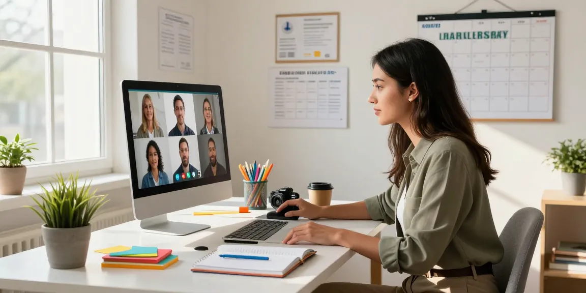 Self-employed professional engaging in a video call, showcasing a modern home office filled with certifications and personal touches.