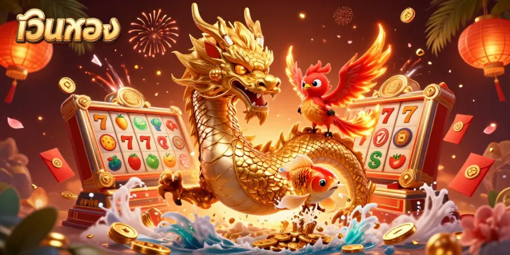 Experience the thrill of เว็บตรง with a dynamic illustration of a Chinese dragon, phoenix, and koi fish among casino elements.